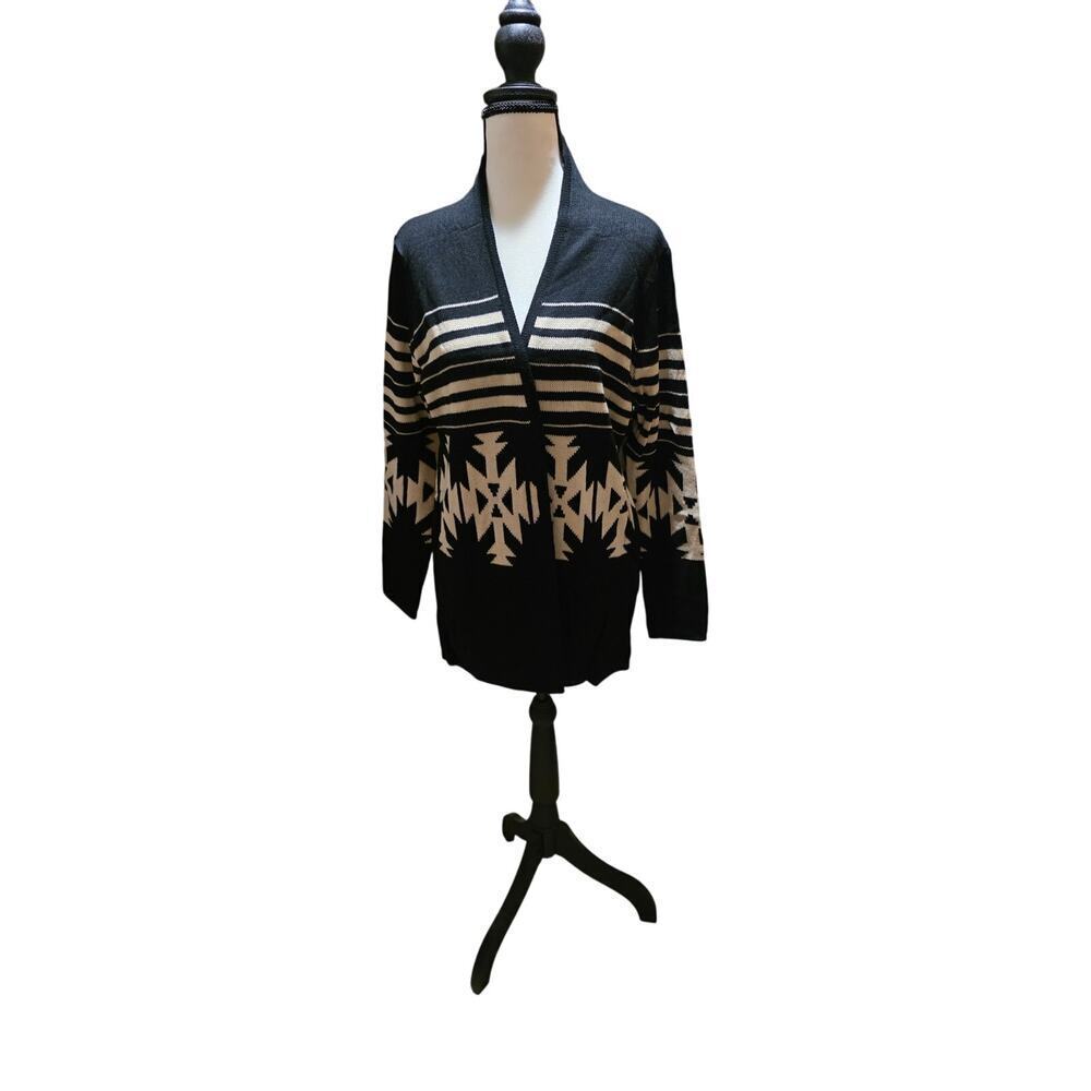 Super Line Geometric Knit Cardigan – Black – Open Front – Size S